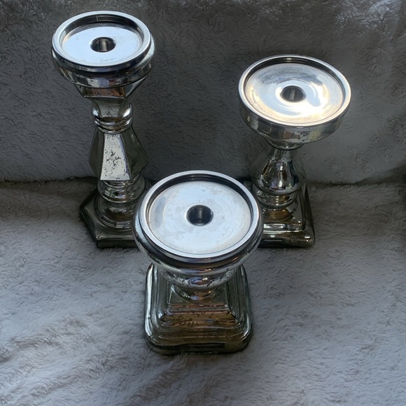 Mercury glass Antiqued Mirror Chunky Candleholder set of 3 glam shabby chic - Picture 3 of 14